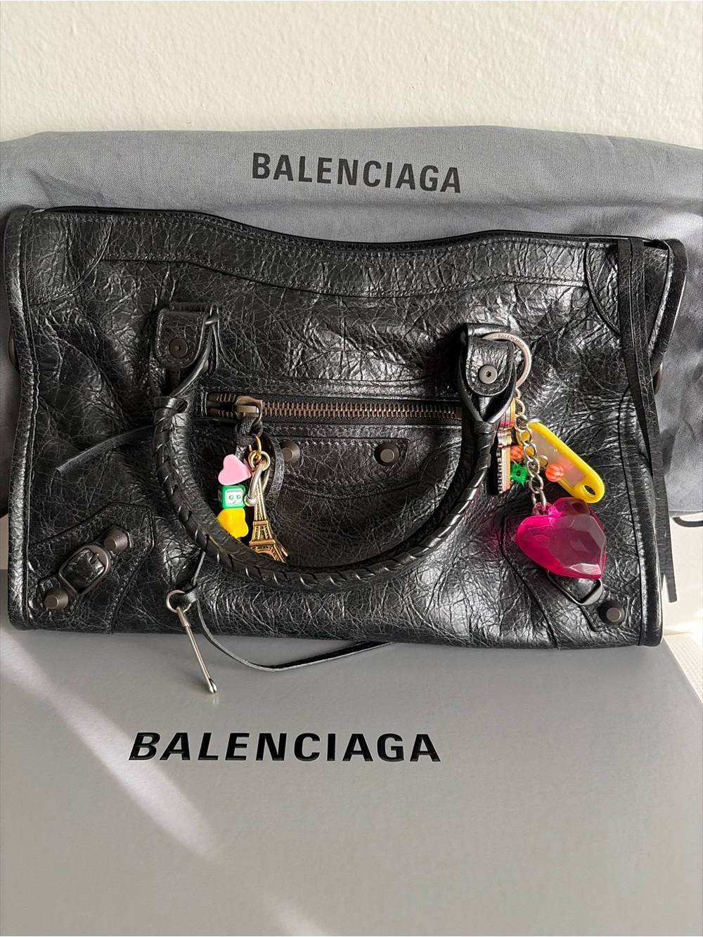 NWT Balenciaga Black Leather Top-Handle Bag with Heart Charm
